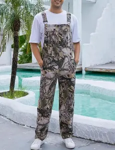 Yuanbang Men's Loose Leaf Pattern Adjustable Denim Overalls, Fashion Camo Bibs Coveralls with Pockets, Outdoor Wear Jumpsuit with zipper, Fall Winter Menswear