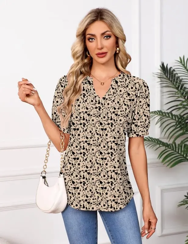 Women's Tops Puff Short Sleeve Shirts Dressy Casual Henley V-Neck Summer Tops Pleated Ladies Tunic Blouses 2026