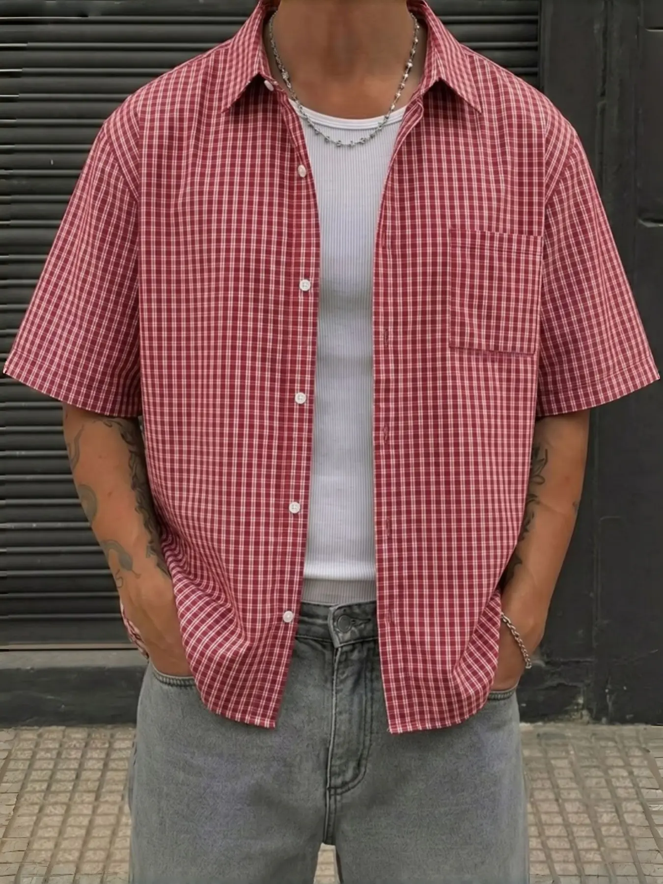 Men's Summer Plaid Gingham Checkered Loose Fit Short Sleeve Shirt, American Classic Vintage Casual Breathable Top, Ideal for Vacation, Daily Wear, Gift