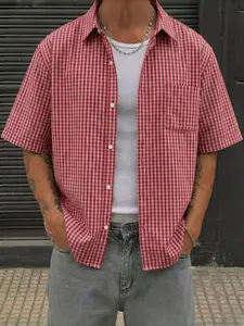 Men's Summer Plaid Gingham Checkered Loose Fit Short Sleeve Shirt, American Vintage Casual Breathable Top, Ideal for Vacation, Daily Wear, Gift