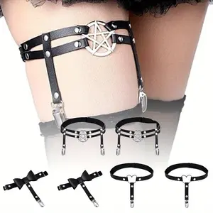 6 Pieces Thigh High Garter Belt Heart Star Shaped Butterfly Knot Punk Leg Garter with Anti Slip Clips Elastic Punk Gothic Adjustable Thigh Ring for Women