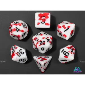 Death Save | White, Red Blood Splatter Speckles | Acrylic Dice Set (7)