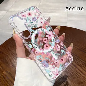 Clear Magnetic Case Compatible with Samsung Galaxy S23 Ultra S24 Plus FE S25 S22+ Floral Watercolor Dream  Hard Acrylic Back Soft Edge Four Corners Bumper Shockproof Cover Shell Gift