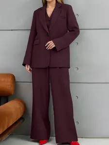 Three-Piece Elegant Casual Women's Suit Set, Long Sleeve V Neck Blazer, Button Open Cardigan, High Waist Wide Leg Pants, All Seasons