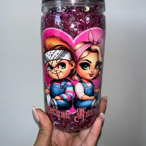 16 oz Snowglobe Tumbler Pink and Silver Chunky Glitter Slow Flow with Cartoon Design Together Forever