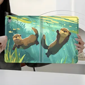 Cute Otters Underwater Play Tablet Case with Auto Wake/Sleep, Shockproof Full-Body Protection Book-Style Stand Cover with Pencil Slot, Fits 7.9/8.3/10.2/10.5/10.9/11/12.9/13 Inch Tablets, Durable Case for Home Office School, Ideal Gift for Animal & Kawaii