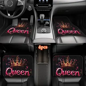 4pcs Fashion Queen Crown Pattern Car Mats - Polyester Floor Mats, Suitable for Cars and SUVs - Black with Pink Accents, Perfect Gift for Men and Women, Automotive Interior Accessories