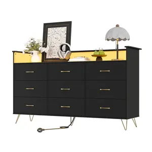 9 Drawer Dresser with App RGB LED Lights & Charging Station, Wood Storage Chest