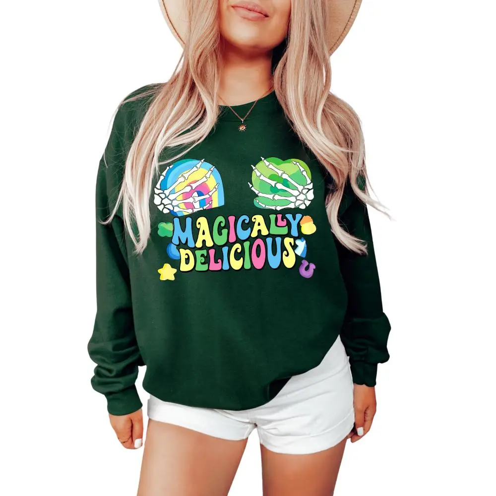 Magically Delicious St Patrick's Day Marshmallows Sweatshirt, Cute, Funny Retro Adult, Skeleton Hands Holiding Lucky Charms, Funny St Patty's Day Crewneck, St Patty's Crewneck, Magically Delicious Shirt for Women Collar Cotton