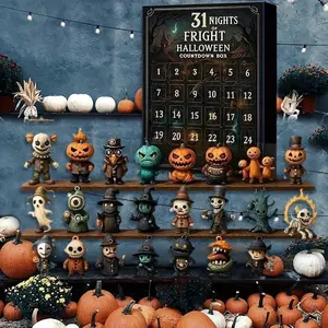 Halloween Countdown Box, Horror Doll and Amulet, Mini Creepy Spooky Decor, Acrylic Statue Gift Set, No Power Needed, Holiday Gift