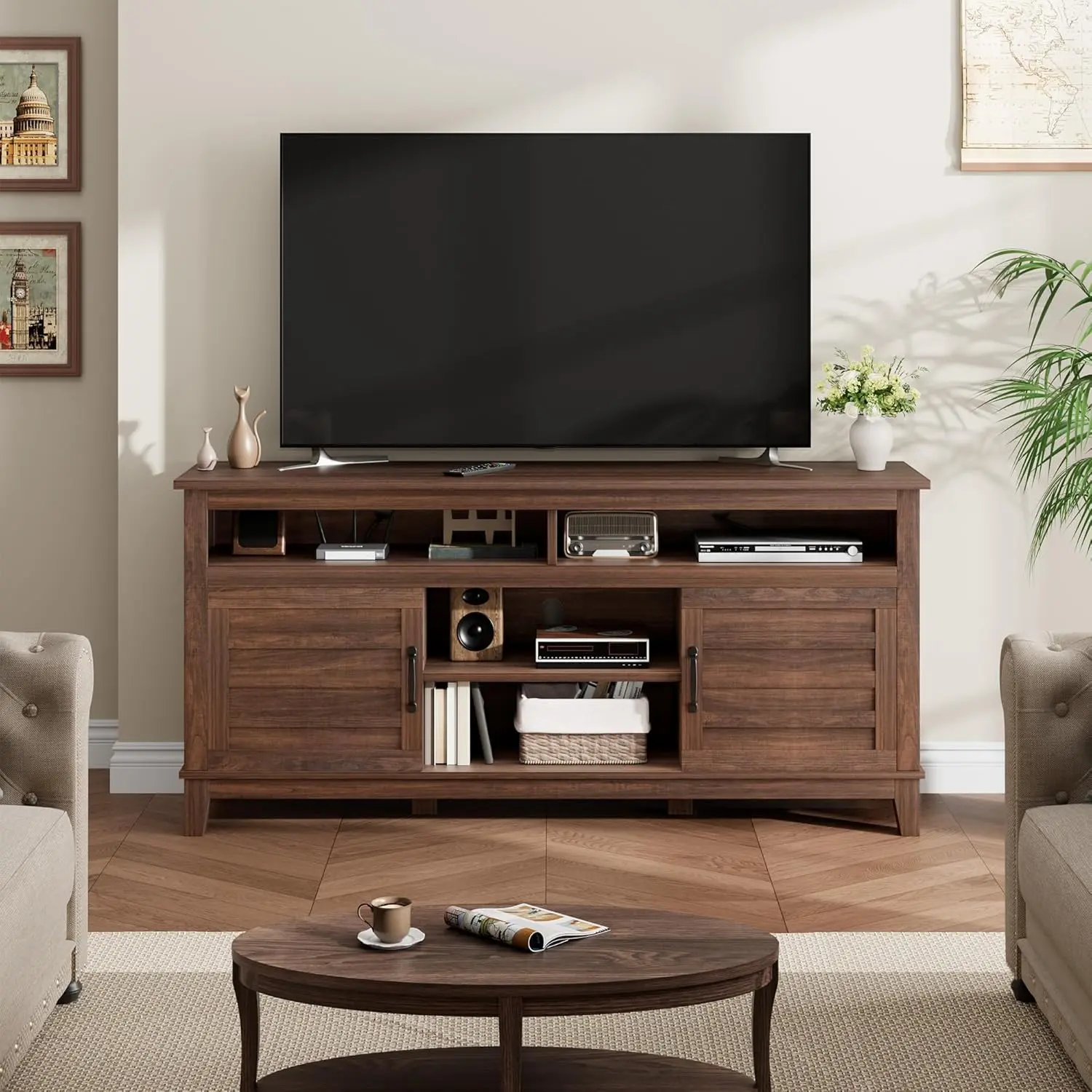 Rustic Farmhouse TV Stand (63 in) - MDF Wood Indoor Furniture Media Console with Adjustable Shelves, Cabinet Doors, Groove Detail, Cable Holes, Brown Unit for 70 in TVs, Living Room
