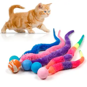 Mixed Bouncy Ball with Tail Cat Toys 5 Packs, Rainbow Magic Worm with Ball Toy for Cats, Colorful Fuzzy Worm Bouncy Balls Cat Toy