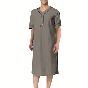 Men Vintage Loose Nightgown Solid Color Henley Short Sleeve Nightshirt Kaftan Arabic Thobe with Pockets Sleepwear