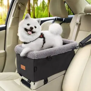 KDO  Center Console Dog Car Seat for Small Dogs up to 9lbs - Sturdy Metal Frame Anti-Collapse Pet Booster Seat for Car Armrest, Dual Safety Belts & Washable Cushion, Grey