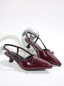 Elegant Wine PU Leather Stiletto Heels, Kitten Mule Heel, Pointed Toe Backless Single Shoes, Party Style Women's Footwear for All Seasons