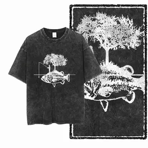 Bass Fishing Tree Island Washed Black T-Shirt, Fisherman Graphic Double-Sided Tee, Vintage Outdoor Aesthetic Streetwear, Casual Crewneck Short Sleeve, Unisex Oversized Top for Men Women