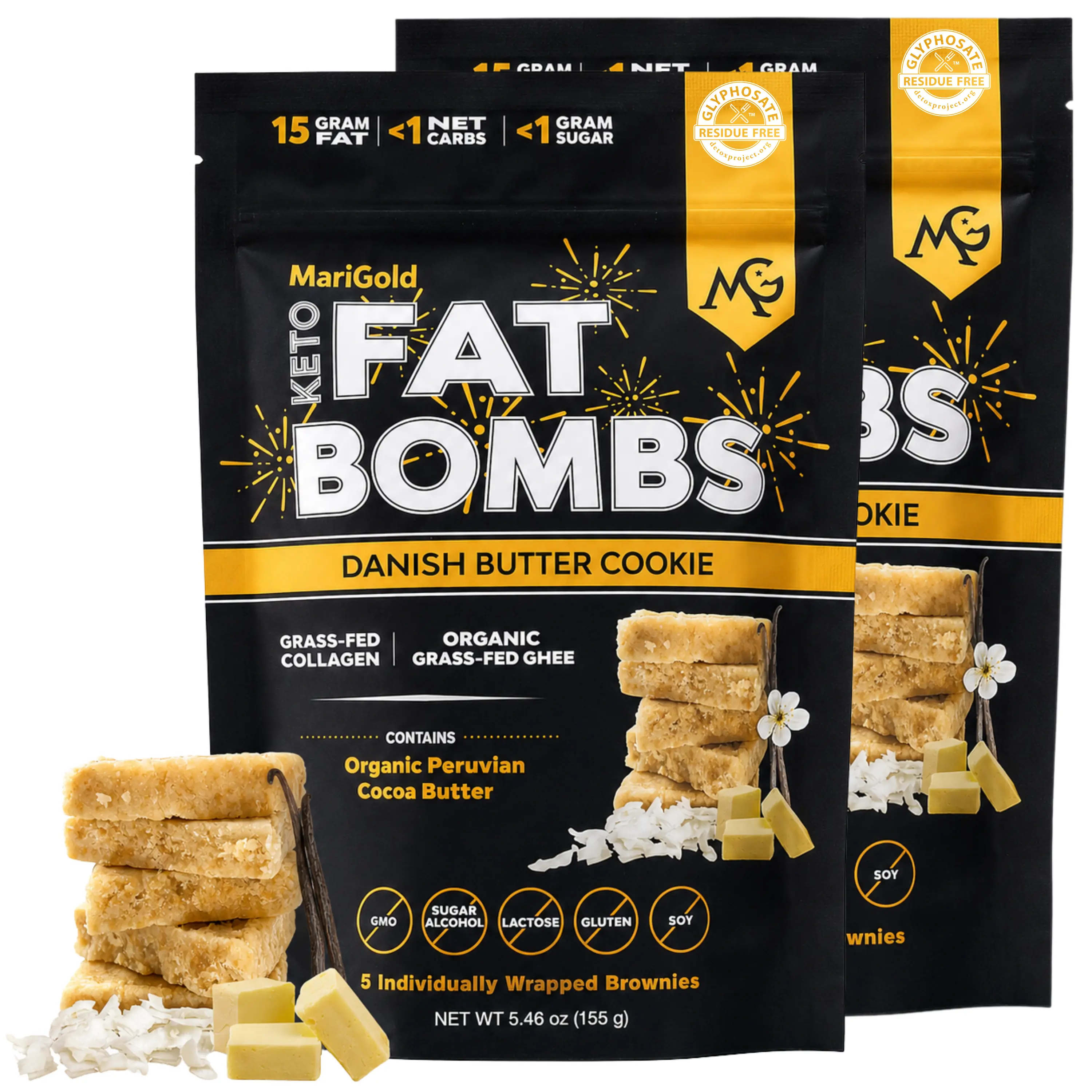 MariGold Keto Fat Bombs - Danish Butter Cookie - 2 PACK (10 Bars) Low Carb, Low Sugar, Collagen-Rich, Low Carb, Organic Cocoa Butter & Grassfed Ghee, Non-GMO, Protein Snacks