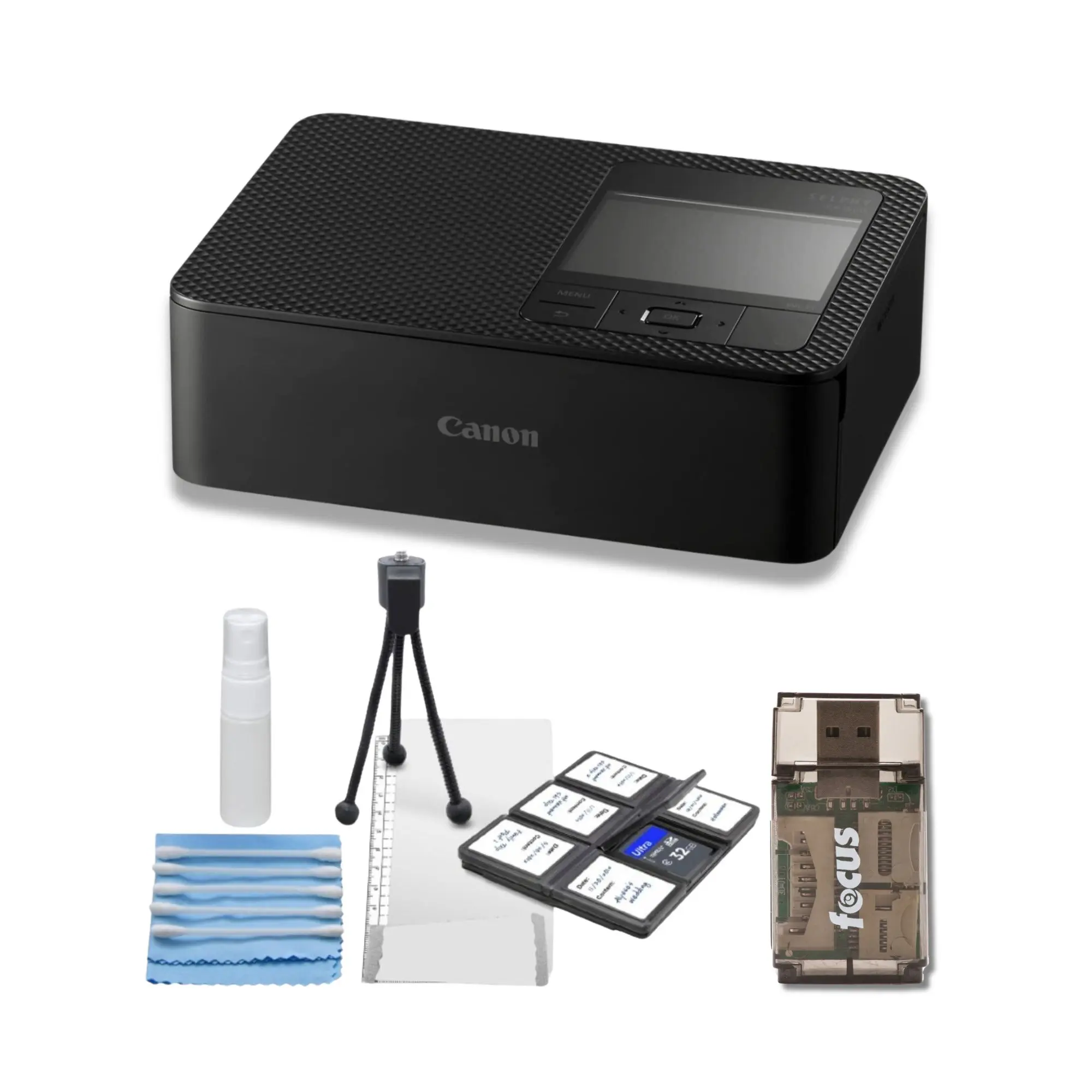 Canon Selphy CP1500 Wi-Fi Wireless Photo Printer (Black) Bundle with Card Reader, Tripod, Battery Pack, Mini Stickers, Cotton Swabs