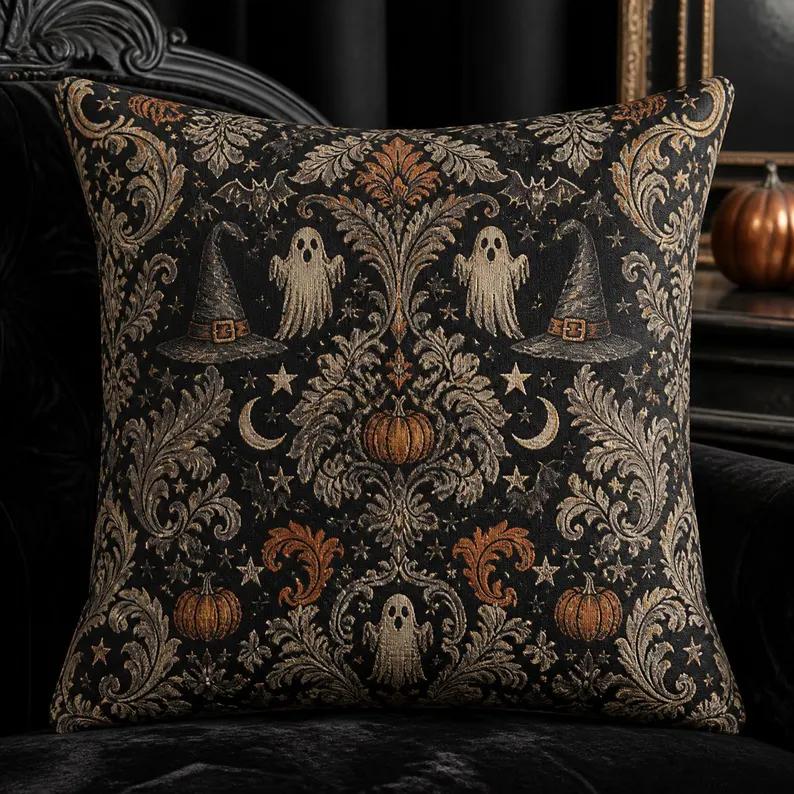 Vintage Gothic Theme Halloween Polyester Pillow Cover, Damask Print Velvet Case with Double-Sided Zipper, Spooky Home Décor for Indoor Use