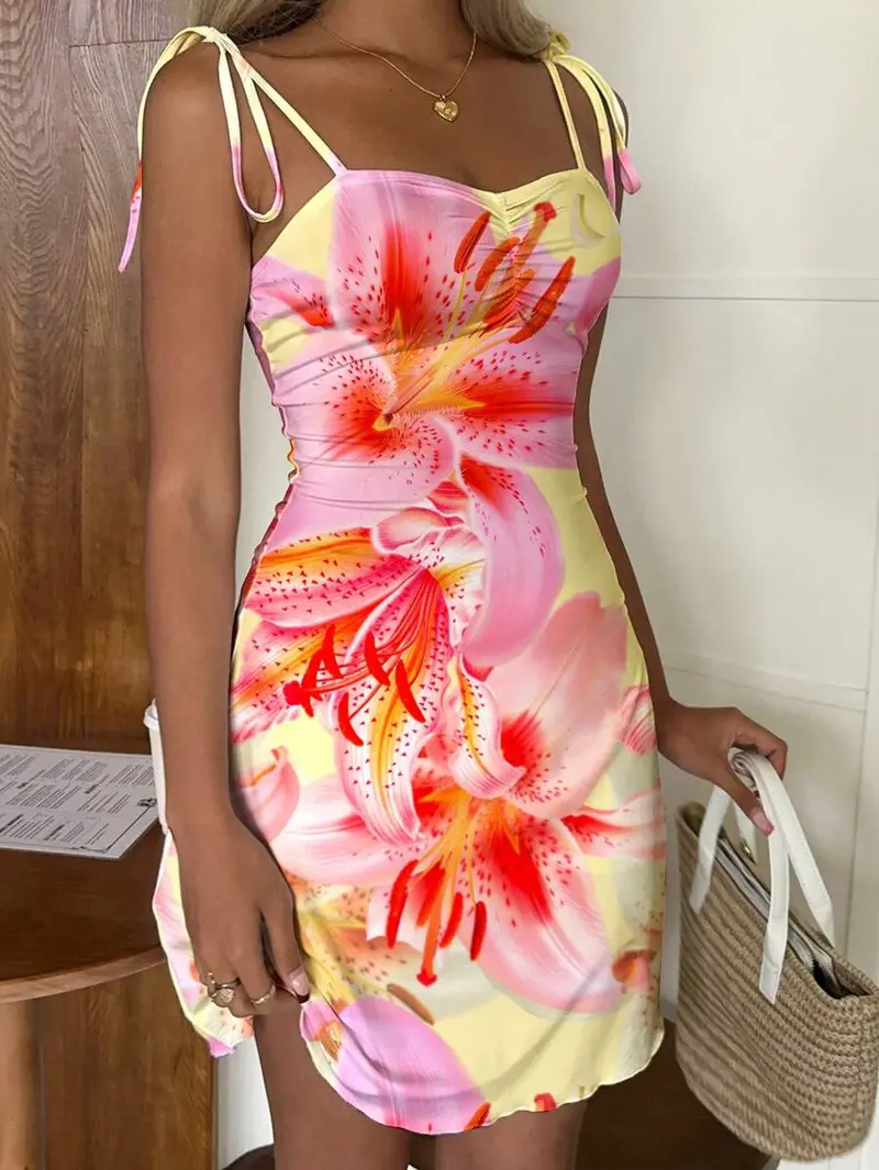 knee length dresses for ladies SHEIN MOD Women's Floral Print Waist Cinched Elegant Halter Midi Dress   PINK SHOP EG