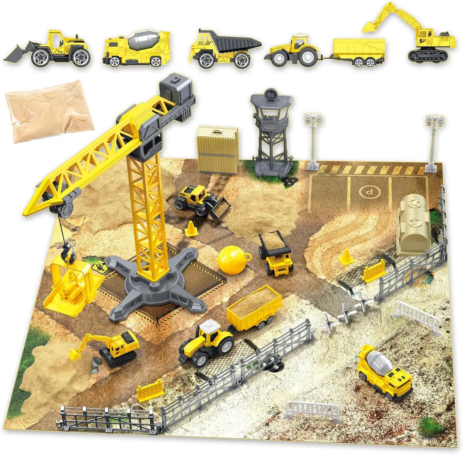 Frontoytall Construction Truck Toy Set - BPA-Free, PVC-Free, Science-Themed with Foldable Excavator, Bulldozer, Dump Truck, Crane, Sand Playset, Play Mat, Accessories, Child Development Focus, Detailed Design (Ages 3+), for Beach, Birthday Parties