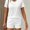 Two-piece Set Women's Solid Color V Neck Tee & Shorts, Basic Casual Short Sleeve T-shirt & Shorts for Summer, Ladies Clothes for Daily Wear, Pajama, Casual Sleepwear Set, casual lounge wear, Womenswear