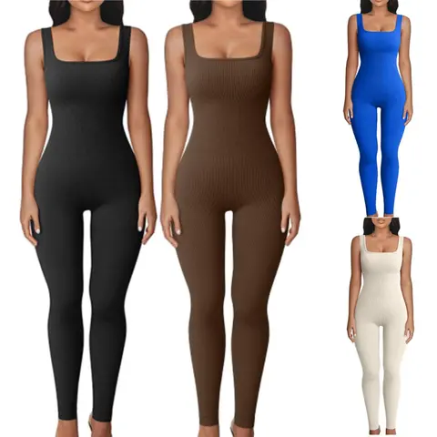 Women's Seamless Ribbed Square Neck Sleeveless Bodycon Stretchy Fit Jumpsuit - Nylon Blend, All Seasons Exercise Rompers, Sportswear Fit Jumpsuits for Yoga, Gym Workouts