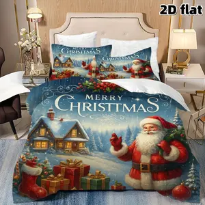 2D Flat 3Pcs Winter Wonderland Duvet - Classic Santa Claus & Snowy Scene Bedding (1 Cover+2 Pillowcases, Unfilled) Holiday Home Decor for Bedroom Dorm Room, Christmas Gift, Christmas Bedding Sets, Snowy Scenery Bedding Sets