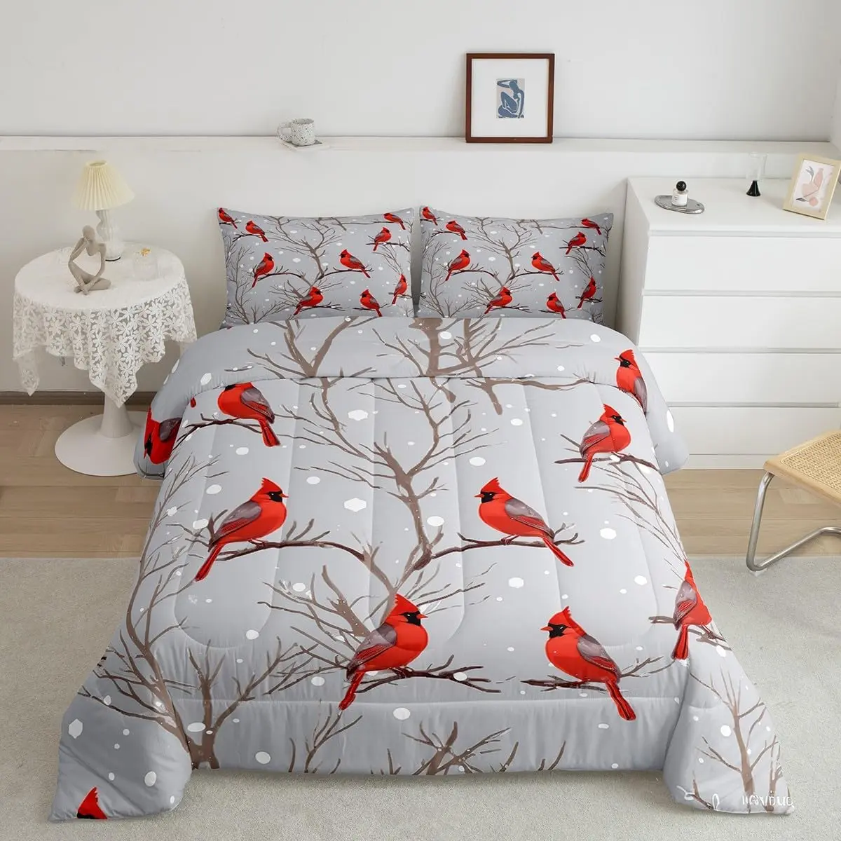 Feelyou Twin Size Microfiber Duvet Set - Decorative Microfiber Bedding Set with Soft, Breathable Digital Print Fabric, 1 Pillowcase, Red Cardinals, Snowflakes, Retro Trees, Winter Landscape Design for Winter Use, Decorative Bedding Set