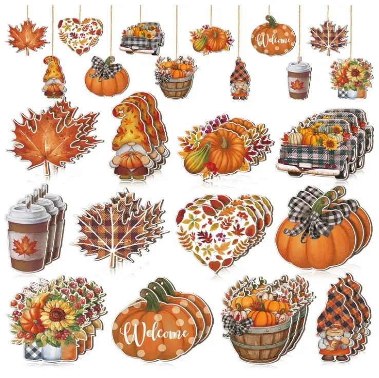 36 Pcs Fall Tree Decorations Thanksgiving Gnomes Ornaments for Tree Wooden Hanging Ornaments Pumpkins Leaves Flowers Cutouts Autumn Decorations for Holiday Party Supply(Cute Style) Pack Set