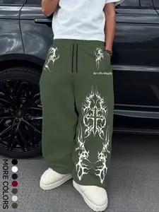 Men's Y2K Cybercore Tribal Graphic Print Fashion Casual Loose Baggy Pants | Oversized Gothic Streetwear Wide Leg Sweatpants for Urban Street Photography & Rave Parties | Premium Heavyweight Loose Fit All Season Trousers Casual Outdoor Pants