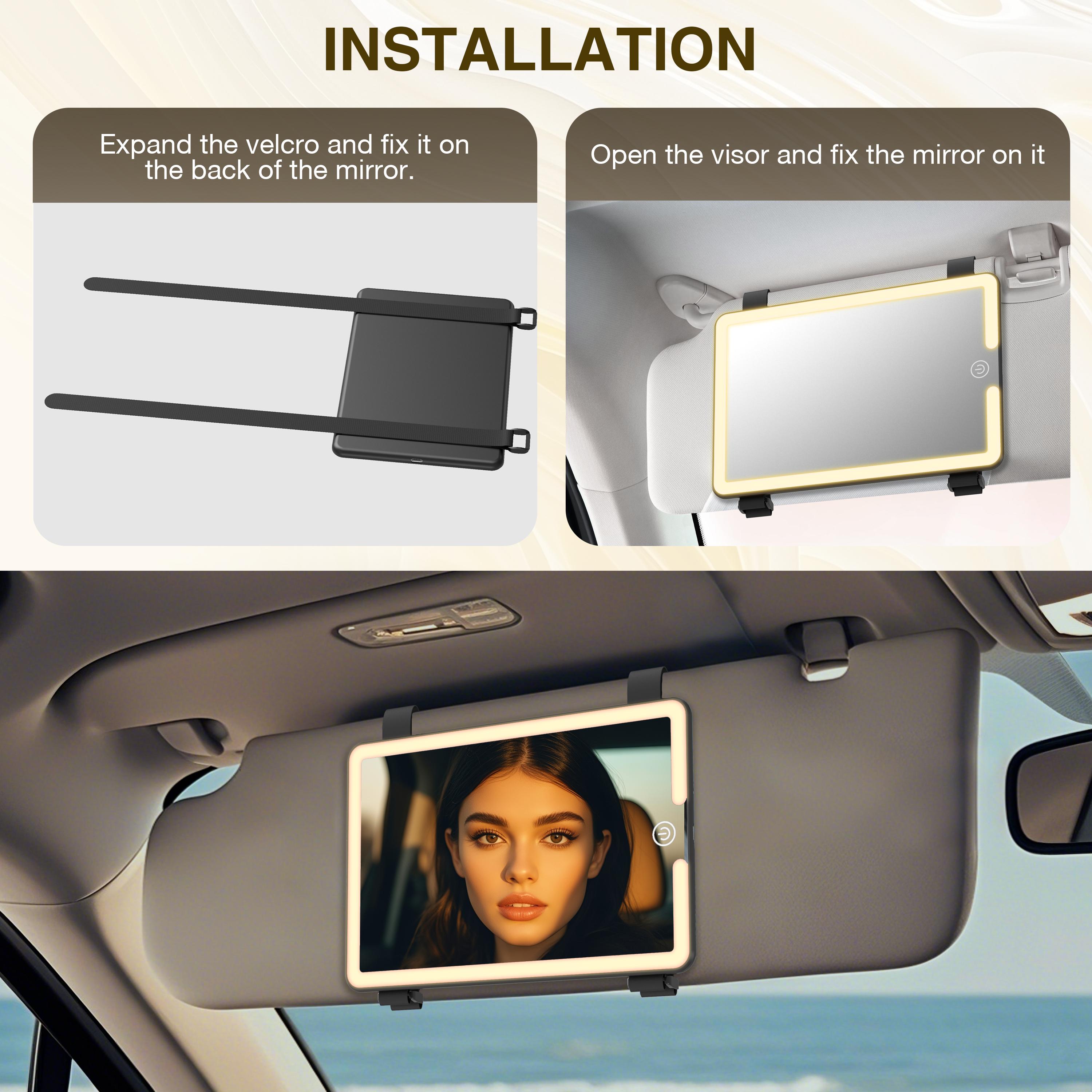 LED Car Sun Visor Makeup Mirror: Rechargeable with 3 Light Modes, Touch Dimming, and Adjustable Strap