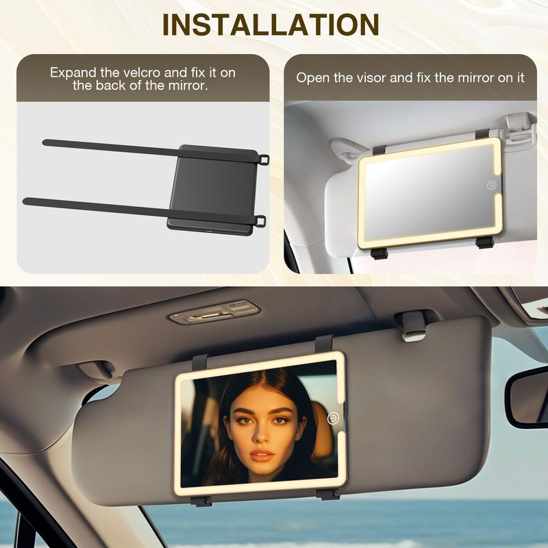 LED Car Sun Visor Makeup Mirror: Rechargeable with 3 Light Modes, Touch Dimming, and Adjustable Strap
