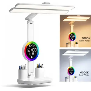 LED Desk Lamp for Office Home, Bright Desk Light with Clock, Adjustable Dimmable Desk Lamps 3 Modes, Touch Study Lamp