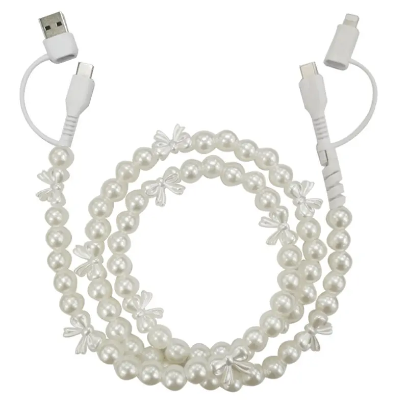 Faux Pearl Beaded Tech Jewelry Charging Cord, Aesthetic 4-in-1 Stylish Cable, Compatible with iPhone & USB-C Phones, Chic Durable Accessory for Everyday & Travel