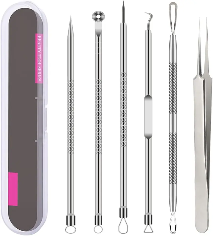 Pimple Popper Tool Kit, 6 Pcs Blackhead Remover Acne Needle Tools Set Removing Treatment Comedone Whitehead Popping Zit for Nose Face Skin Blemish Extractor Tool - Silver