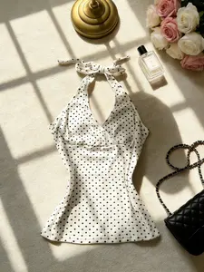 Summer French Retro Chic White Polka Dot Halter Tank Top for Women, Slim Fit V-Neck Cross Back, Sexy Short Sleeve, Casual Everyday Daily Wear
