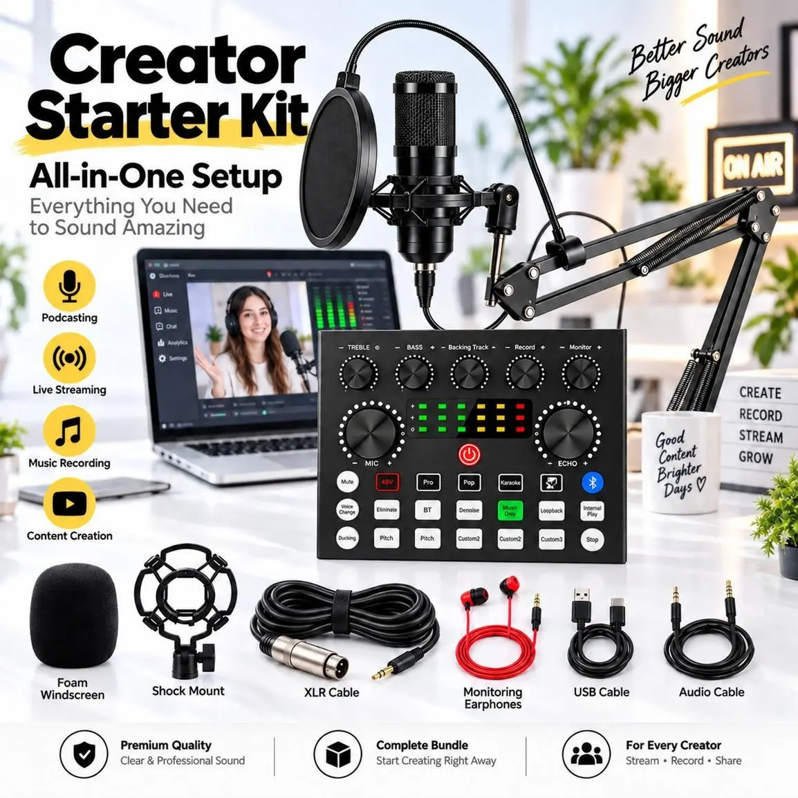 BM800 Black Streaming Microphone Kit, with V8S Audio Interface, Pop Filter, Shock Mount and Boom Arm, for Streaming, Recording, Podcasting, Gaming and Content Creation
