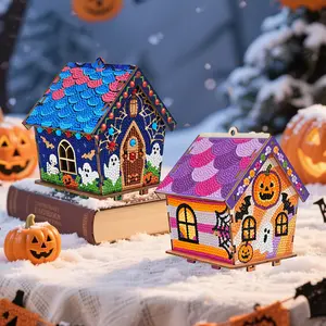 3D Diamond Painting Haunted House Kit (Glowing) | DIY Wooden w/Moving Parts: Spooky Mansion, Jack-O-Lantern, Ghosts | For Adults & Teens | Halloween Decor, Year-Round Display | Set w/Tools, Fiberboard Base | Desktop Decor, Halloween Gift