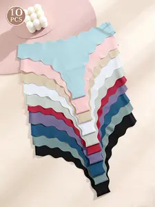 Women's Seamless Wave Edge Thong Panties, Breathable Low Waist Underwear Set, Pure Color Comfort Fit, Pack of 10