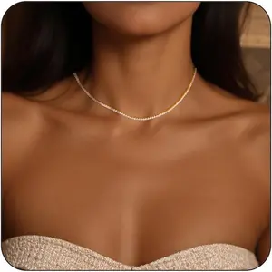 Dainty Tennis Necklaces for Women 14K Gold Plated Thin CZ Tennis Necklace Faux Diamond Tennis Chain Adjustable Tennis Choker Necklace for Women Necklace for Prom
