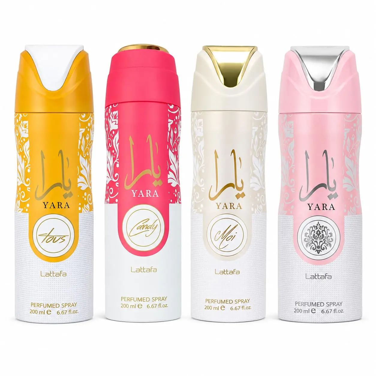 Lattafa Yara Perfumed Body Spray Collection – Yara Original, Yara Moi, Yara Candy & Yara Tous – 4 x 200ml Unisex Body Spray Set – Fruity, Floral, Vanilla & Gourmand Fragrance Bundle
