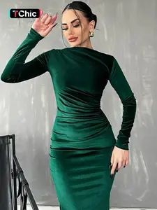 Women's Plain Ruched Boat Neck Slim Fit Bodycon Velvet Dress, Elegant Long Sleeve Midi Dress for Party Holiday Wedding Guest, Ladies Spring & Fall Clothes, Chic