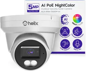 Helix 5MP Security AI IP PoE Camera, HLX-IP5M-T103EW-AI, 98ft Night Color, Human Detection, NDAA Compliant, Indoor Outdoor Surveillance Turret, Built in Mic, Support 256GB MicroSD, Deterrent