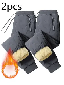 Men's Winter Fleece Lined Long Pants, Zipper Pockets, Casual Regular Fit Solid Color Warm Pants, 2 Piece Set