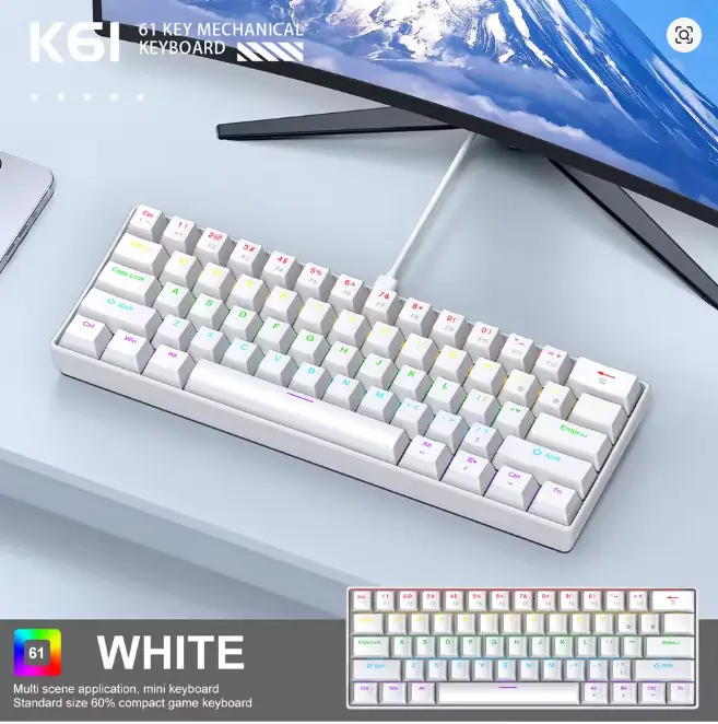 APAYADO K61 Mini Keyboard 61 Keys Wired Mechanical Gaming Keyboard with Phantom RGB, Compact Design, White Color Option, Reliable Wired Connection for Gamers