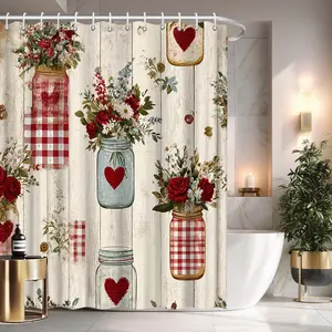Rustic Barn Floral Shower Curtain, Vintage Red Heart Flowers Farmhouse Bathroom Decor, Polyester Fabric, 72x72 Inch, Includes pcs Hooks, Machine Washable