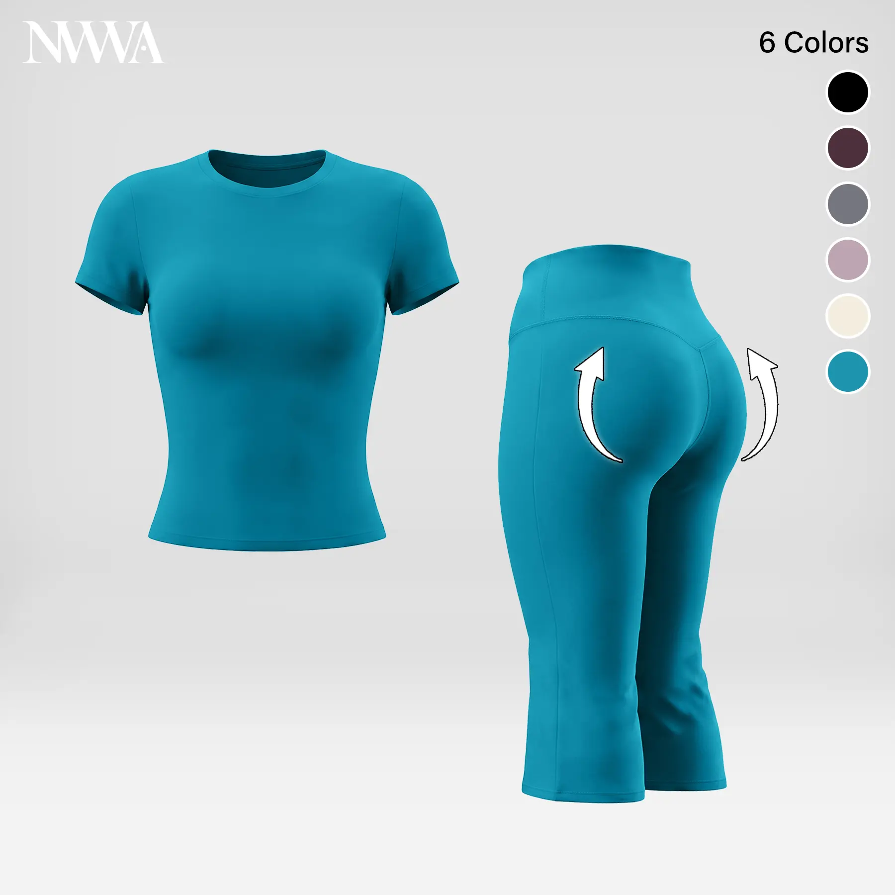 Women's 2-Piece Athleisure Workout Set - Crew Neck Short Sleeve Top, High Waist Flared Capri Pants, Brushed Buttery Soft Stretch Tummy Control Nylon Blend All-Season Activewear for Pilates, Yoga, Two Piece Set