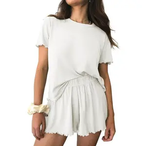 Womens Pajamas 2 Piece Ribbed Knit Pjs Short Sleeve Sleepwear Set Summer Soft Pajamas Set Casual Lounge Sets