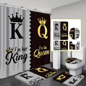 4pcs King & Queen Pattern Shower Curtain Set, Fashion Bathroom Curtain Set with 12 Hooks Included, Matching Anti Slip Mats & Toilet Covers, Modern Bathroom Accessories Ideal for Home Decor & Housewarming Gift